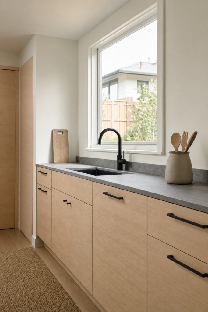 Small Japandi kitchen with pale wood cabinets, matte black hardware and a stone counter