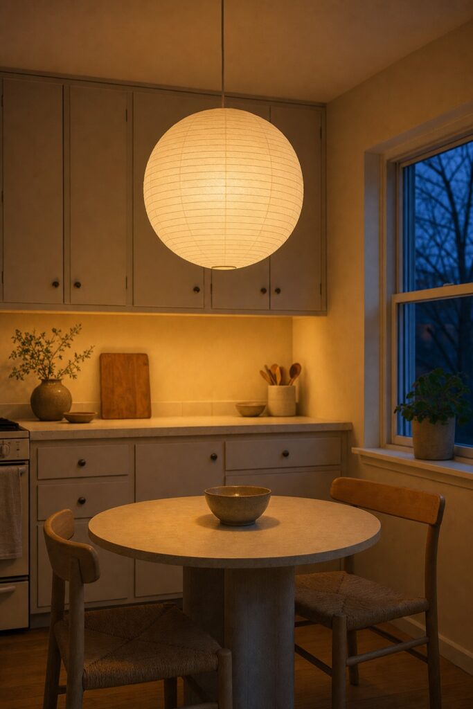 Round paper shade glowing over a small kitchen table at dusk with warm light under the cabinets
