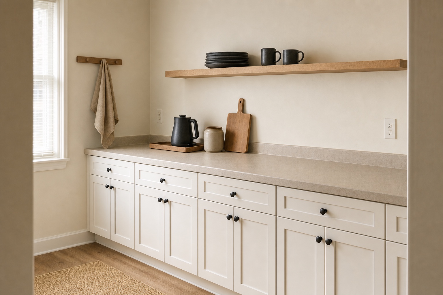 Calm japandi kitchen with white cabinets, oak open shelf, a clear counter and a single dark stoneware set