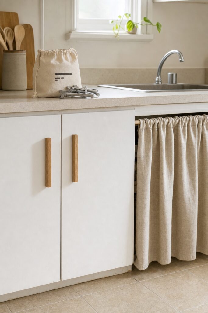 Plain white cabinet doors fitted with wooden pulls beside a linen half curtain hanging under the sink