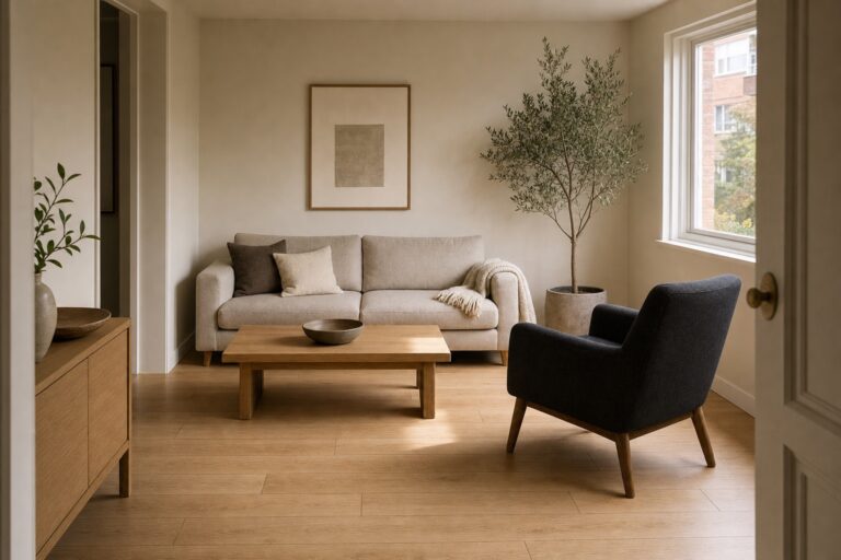 Small Japandi living room with cream walls, an oak coffee table, a low pale sofa and one charcoal armchair as the dark anchor