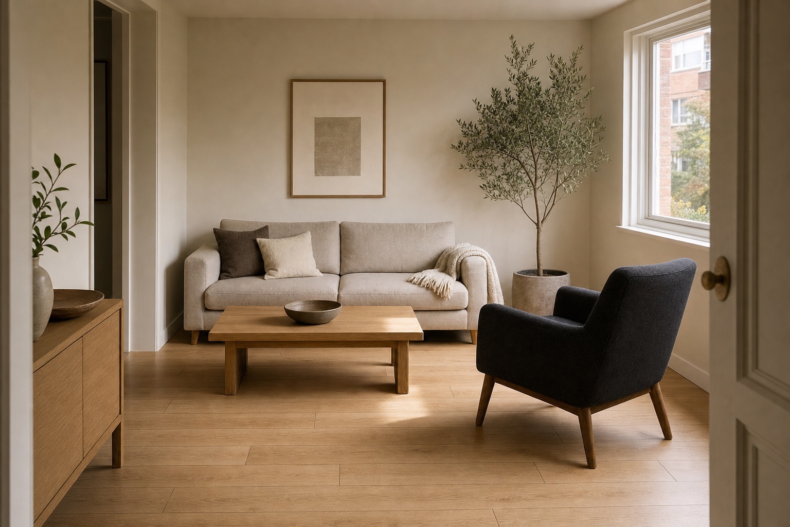 Small Japandi living room with cream walls, an oak coffee table, a low pale sofa and one charcoal armchair as the dark anchor