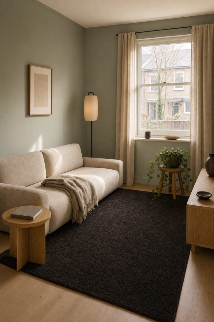 Small Japandi living room with sage-grey walls, oak furniture and a dark rug anchoring the floor