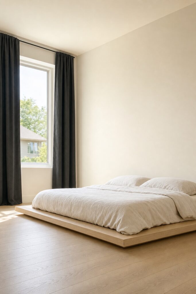 Low pale-wood platform bed with the mattress close to the floor, white linen bedding and charcoal floor-length curtains