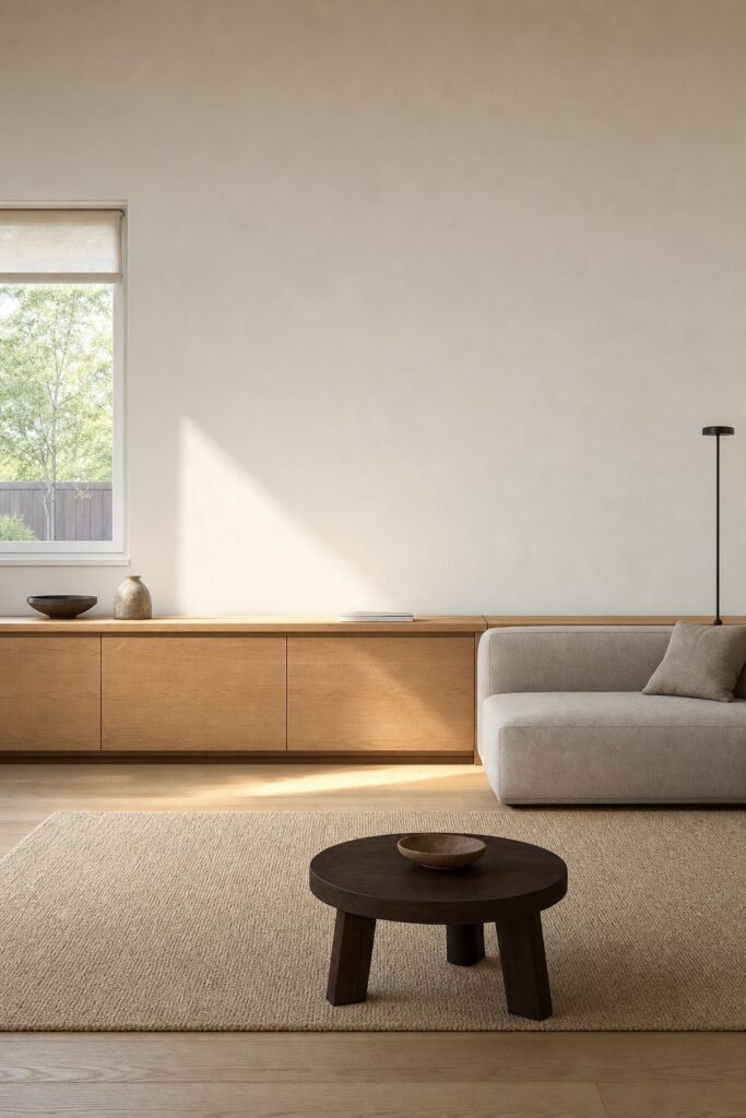 Low sofa and a long light-oak sideboard whose tops line up, drawing a horizontal line across a greige wall