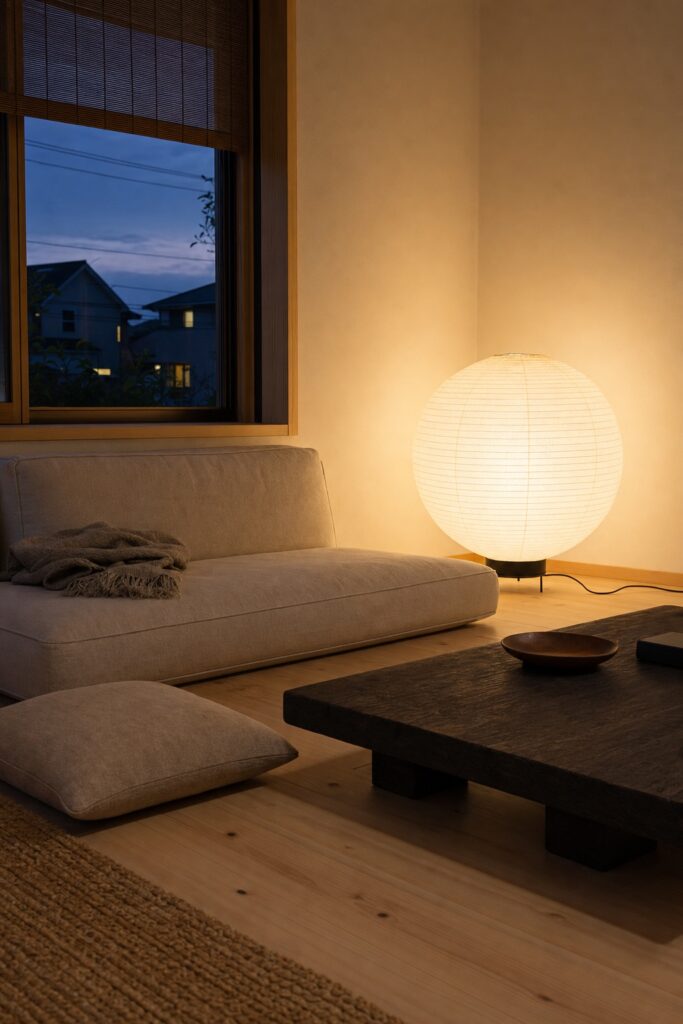 Floor-level sofa beside a large paper floor lantern, with a dark low table anchoring the room at dusk