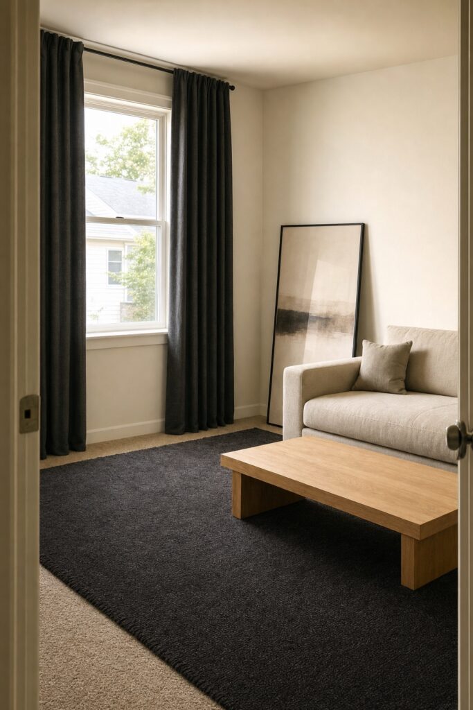Off-white room anchored only by movable pieces: charcoal floor-length curtains, a dark rug and one large frame leaning on the floor