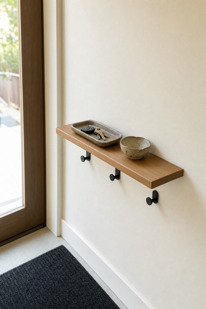 Narrow shallow entry ledge holding a key tray and one small hand-thrown dish, with hooks below and a dark mat underneath
