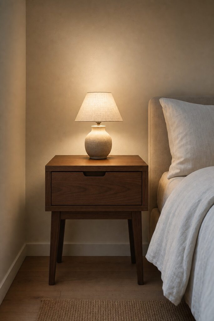 Walnut nightstand with a drawer holding one small lit lamp and nothing else