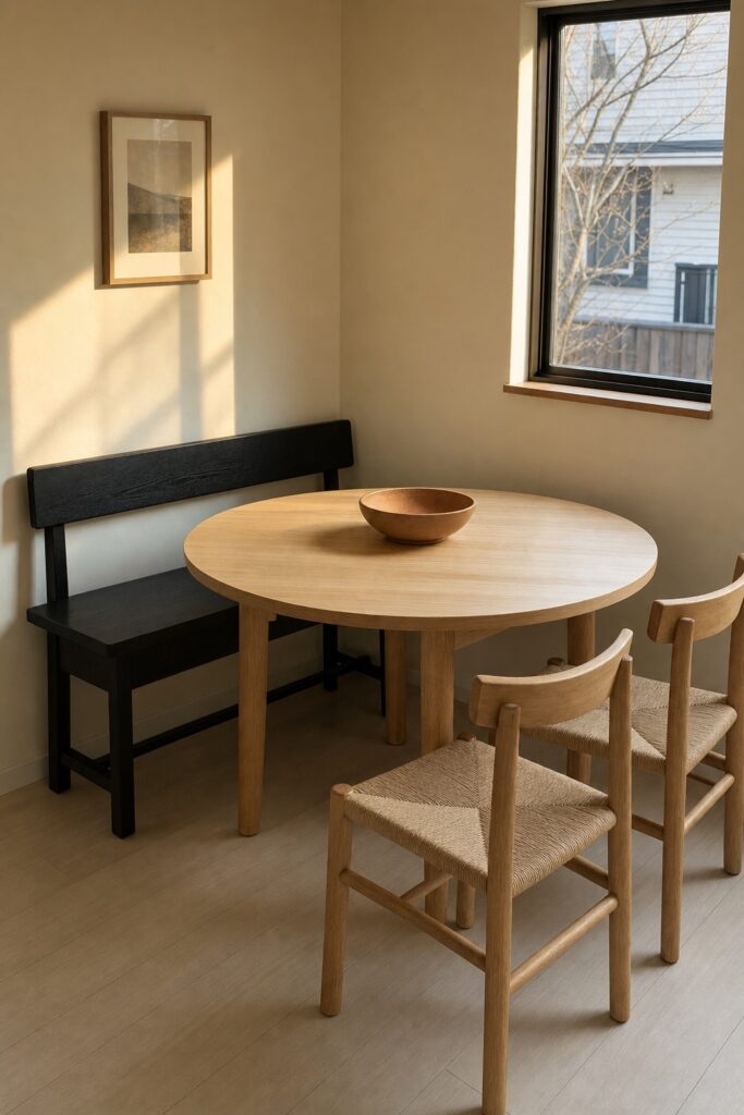 Round light-ash dining table with a black bench along one side and two chairs opposite