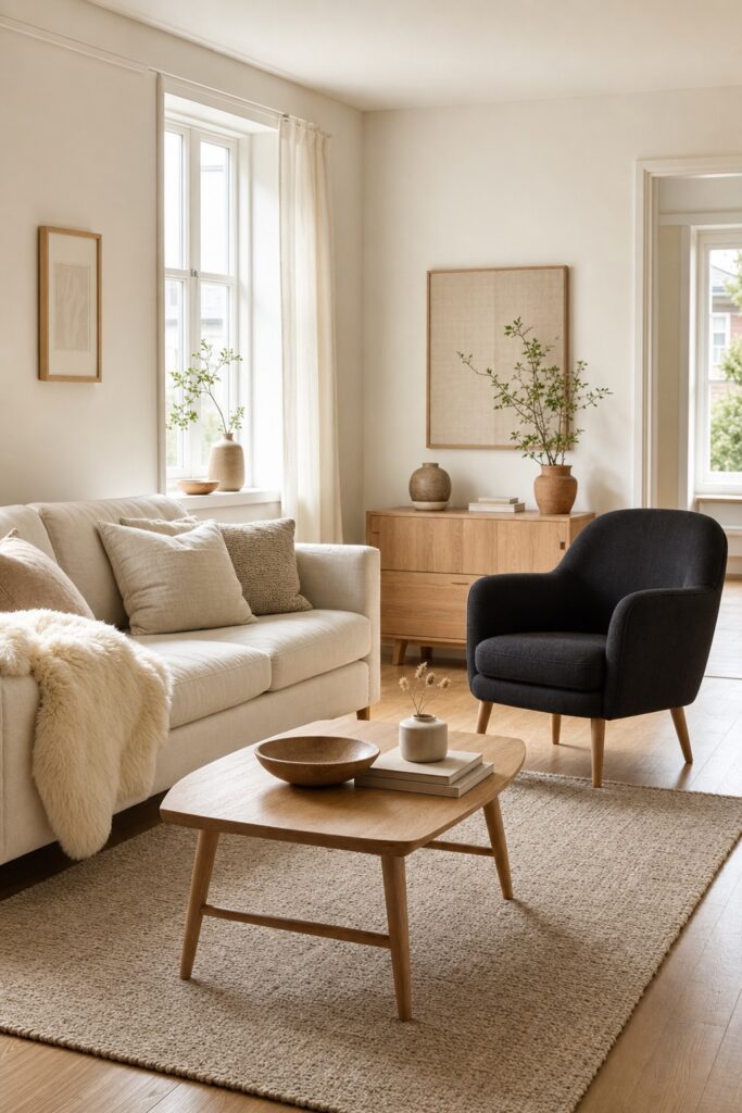Cream and oak living room where a single charcoal armchair supplies the whole dark half of the look