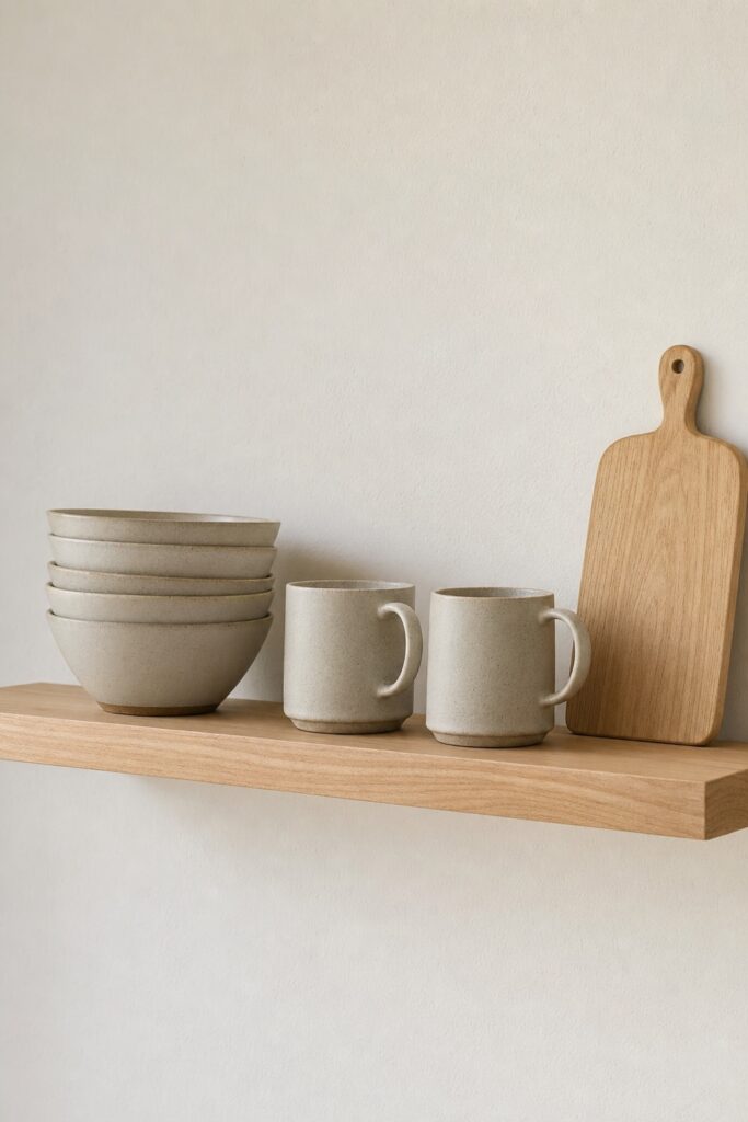 A single open kitchen shelf holding a stack of plain bowls, two mugs and a leaning wooden board