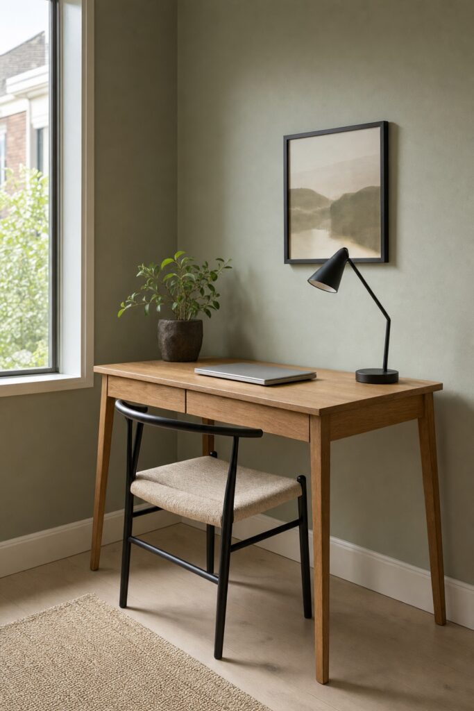 Slim oak desk with visible legs and a closed laptop, styled so the corner reads as furniture rather than an office