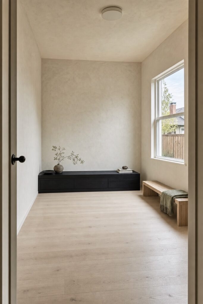 A roughly 100-square-foot room furnished low and horizontally, seen from the doorway, with a black low cabinet against pale plaster walls