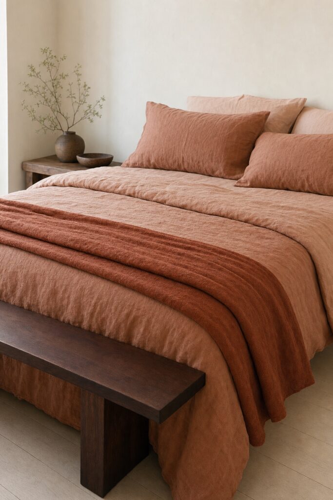 Bed layered in three tones of clay-colored washed linen with a dark walnut bench at the foot