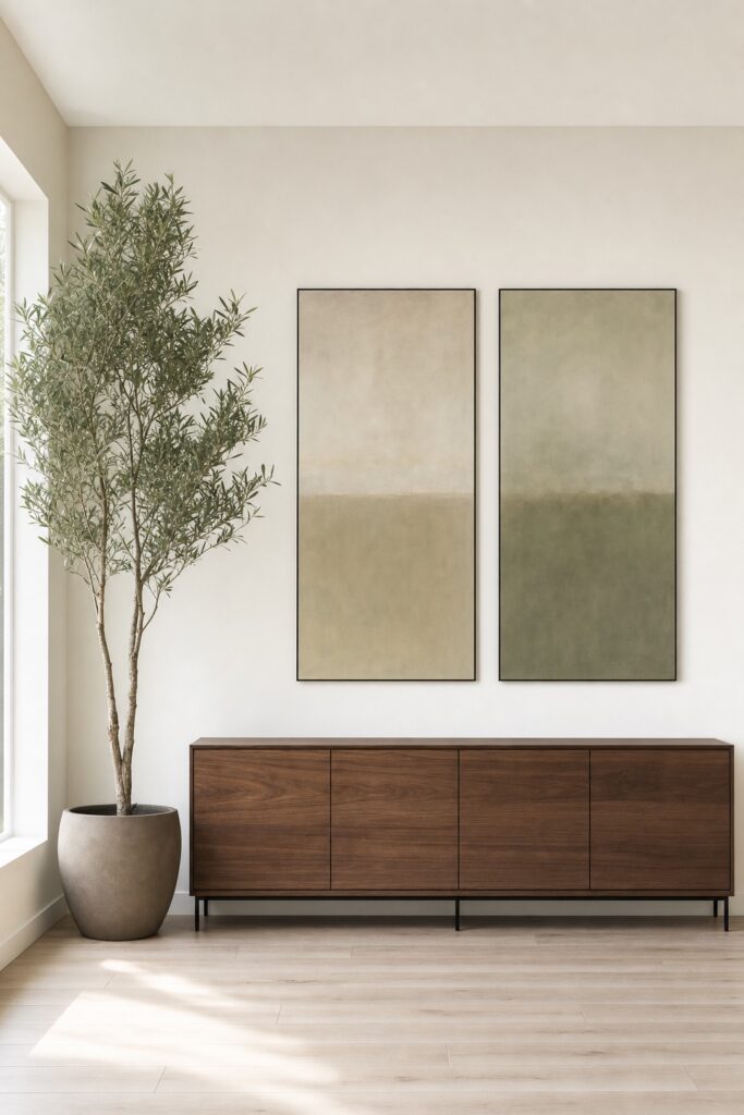 Walnut furniture and thin black frames against off-white walls, with one large olive tree as the only soft shape