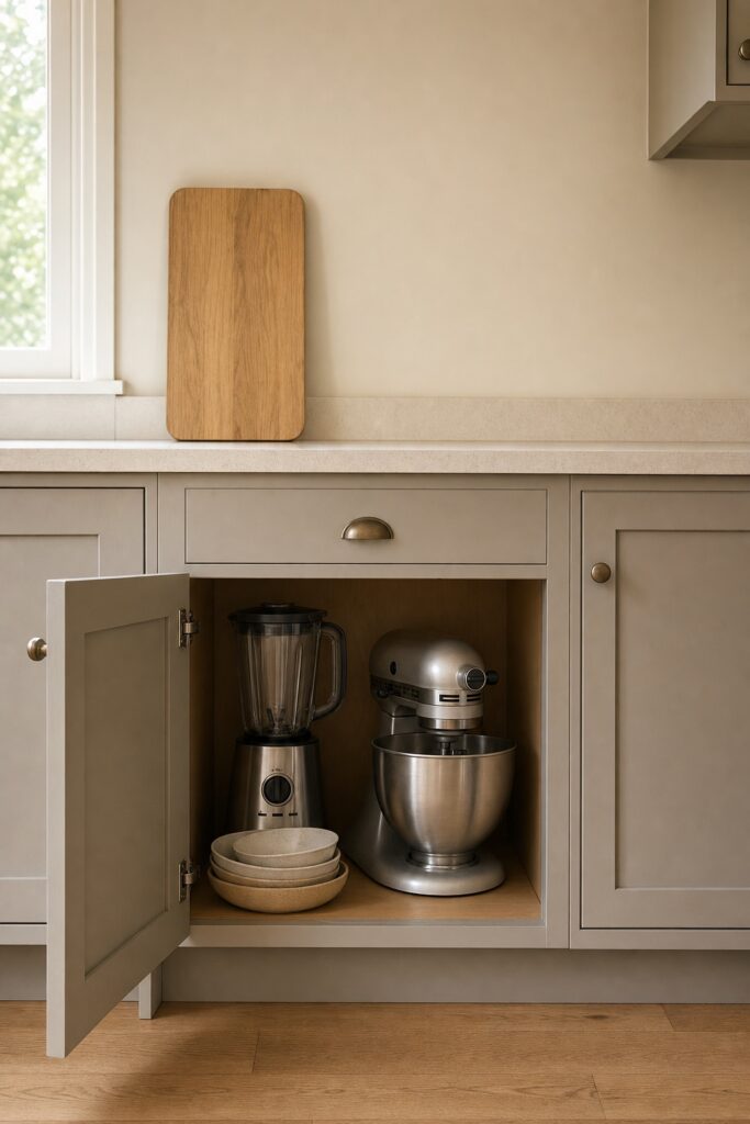 Open low cupboard holding a blender and stand mixer with the counter above it left clear