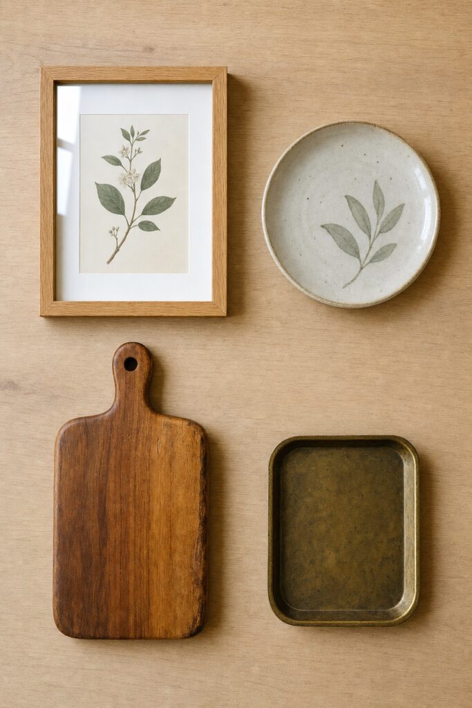 Flat lay of kitchen-safe wall pieces: a print framed under glass, a ceramic plate, a sealed wooden board and a metal tray