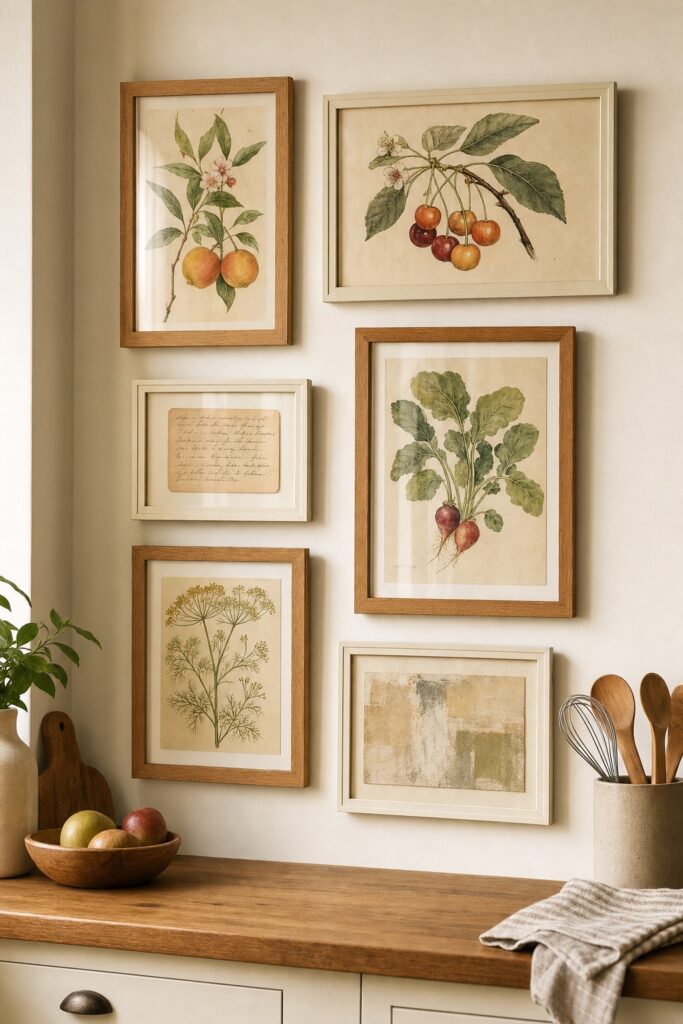 Framed botanical prints and a handwritten recipe card hung together on a kitchen wall
