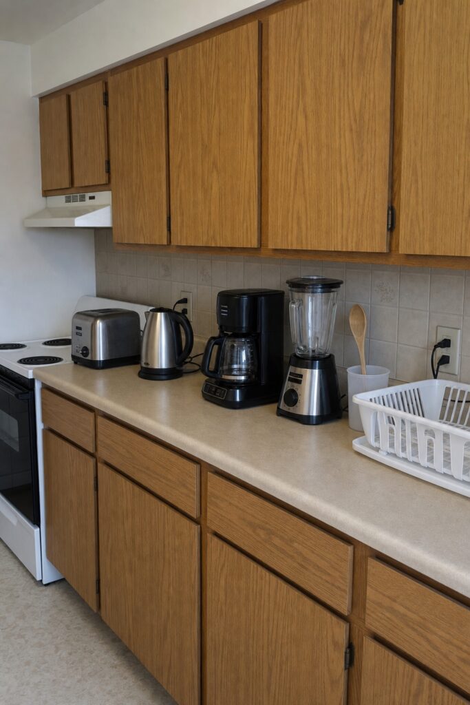 Ordinary kitchen counter crowded with a toaster, kettle, coffee maker, blender and dish rack and almost no natural materials