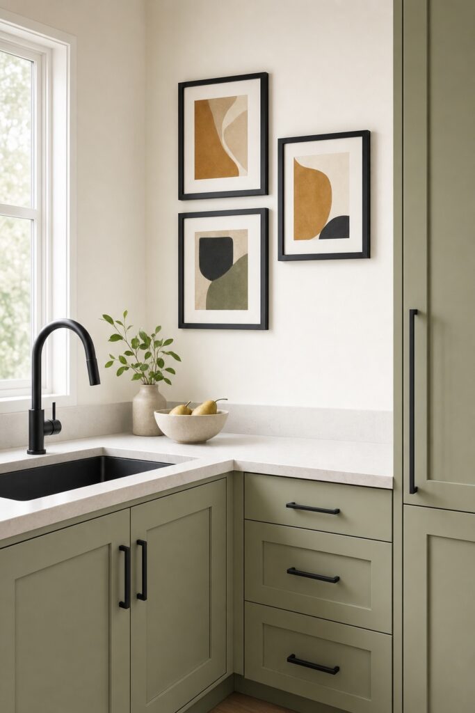 Black picture frames on a kitchen wall echoing the black cabinet pulls and faucet in the same room