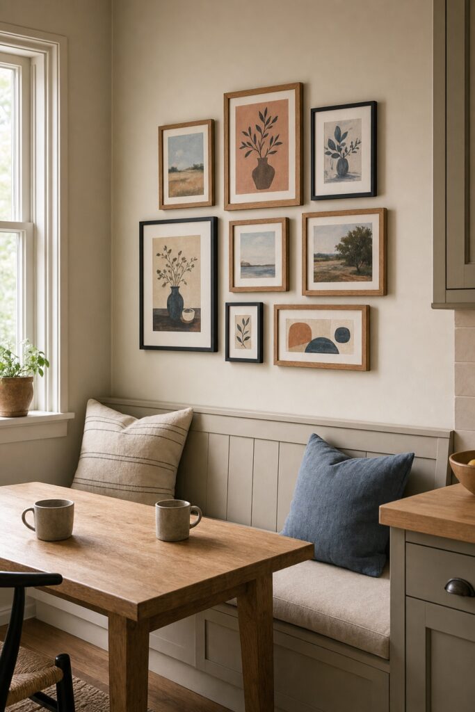 Mixed size framed gallery hung low above a kitchen banquette bench and table