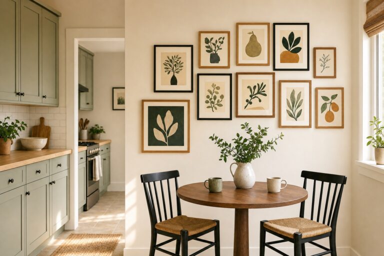 Kitchen gallery wall of framed prints arranged above a breakfast nook table away from the cooking area