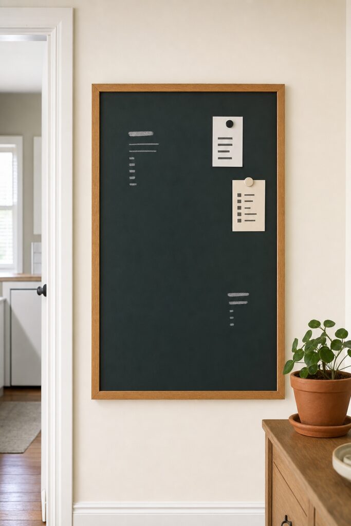 Large dark green framed board on a kitchen wall beside a doorway, with a few paper notes and loose chalk marks