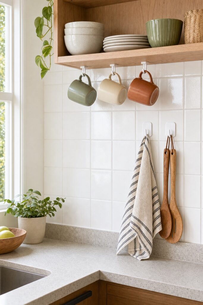 Mugs hanging on hooks under a kitchen shelf with a dish towel and utensils on adhesive hooks nearby