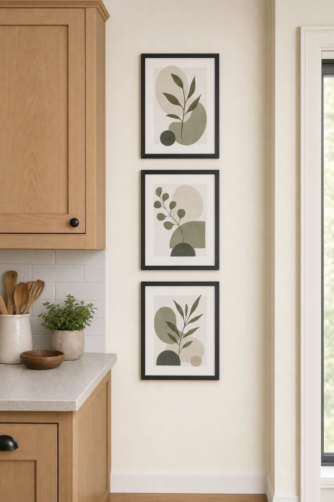 Three same-width framed prints stacked vertically on a narrow kitchen wall beside the end of a cabinet run
