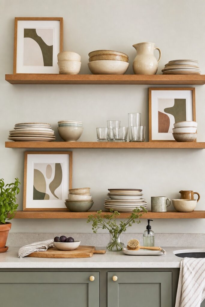 Open kitchen shelves with one leaning framed print per shelf among stacked plates and bowls