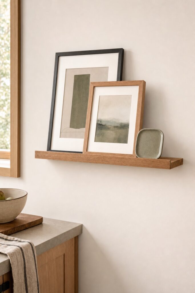 Narrow picture ledge on a kitchen wall holding two leaning framed prints and a small ceramic piece