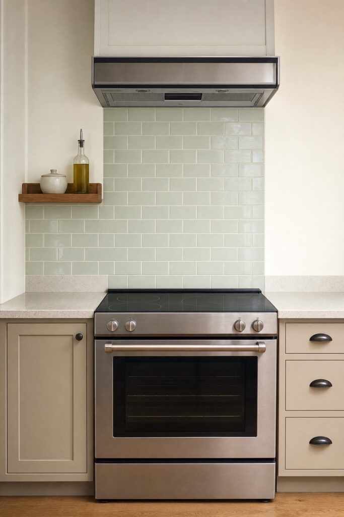 Kitchen range wall finished with tile and a small shelf and deliberately no framed art above the cooking surface