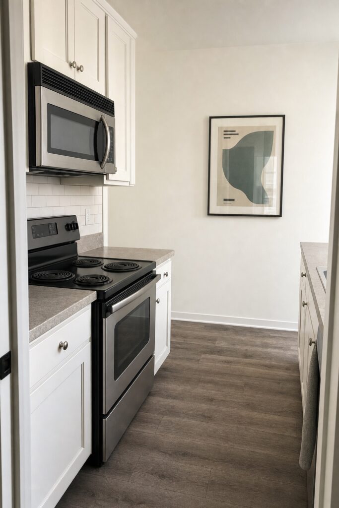 Compact apartment kitchen with an over-range microwave vent and a single glass-framed print on the far wall away from the cooking zone