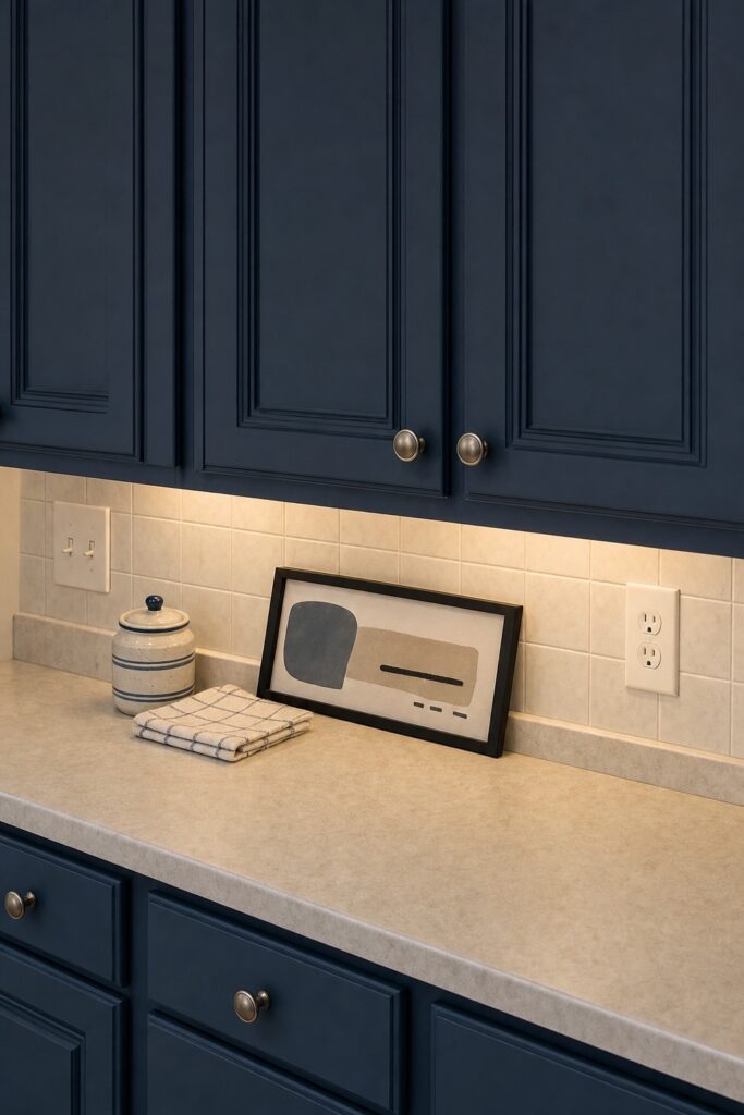 Small horizontal framed print leaning against the backsplash in the narrow gap between a counter and navy upper cabinets