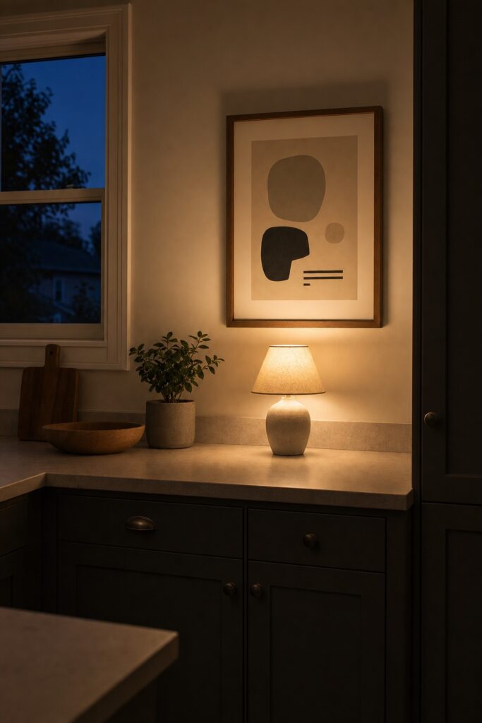 Small warm accent lamp on a kitchen counter lighting a framed print on the wall behind it in the evening