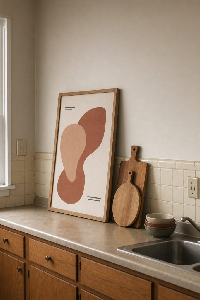 Large framed print and two wooden boards leaning against the backsplash of a rental kitchen counter with nothing drilled into the walls
