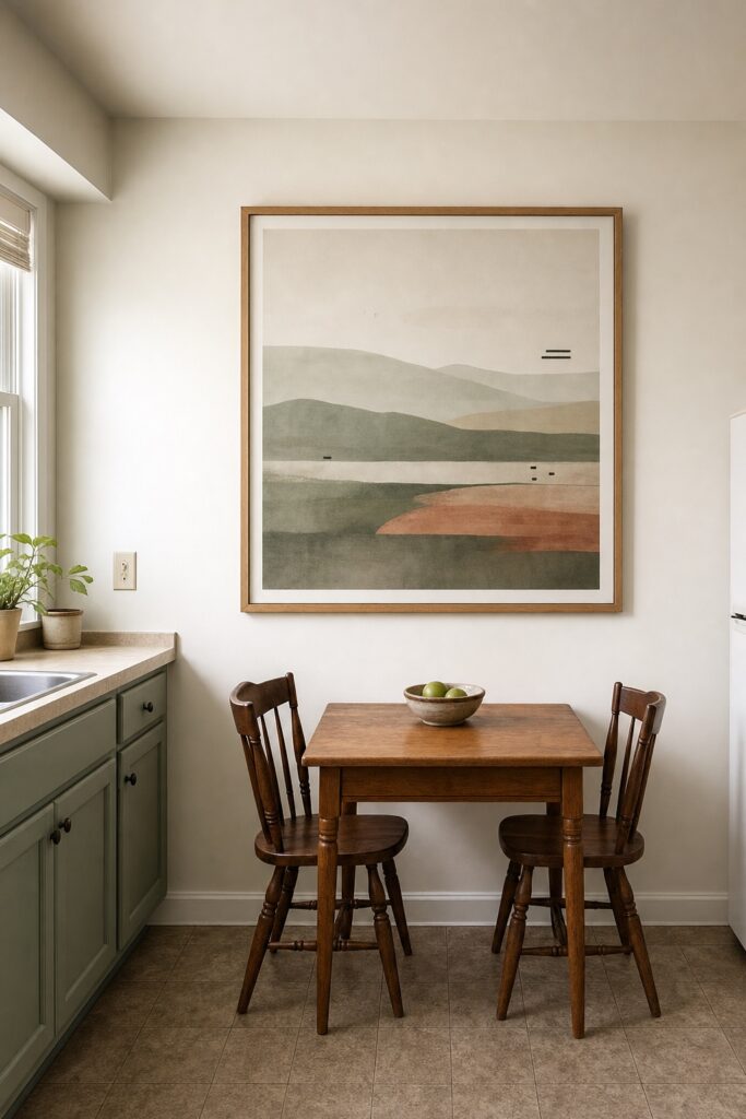 One large framed print on a sage green kitchen's spare wall above a small dining table