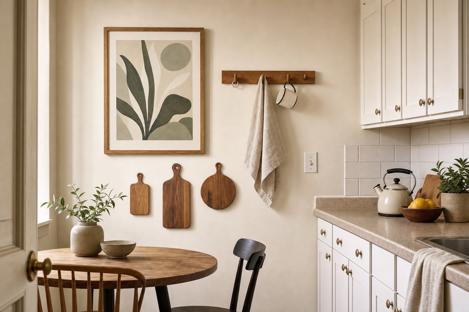 Kitchen wall beside a small table with one large framed print, a wooden peg rail holding a towel and mug, and a small group of cutting boards