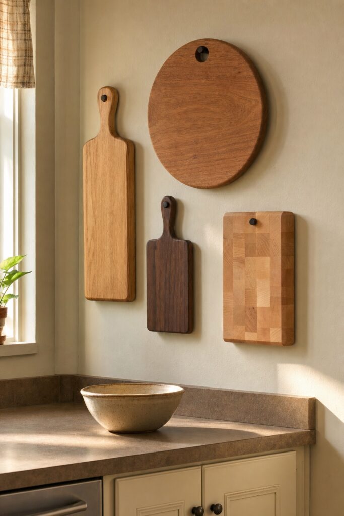 Four wooden bread and cutting boards in different shapes hung as a loose group on a warm beige kitchen wall