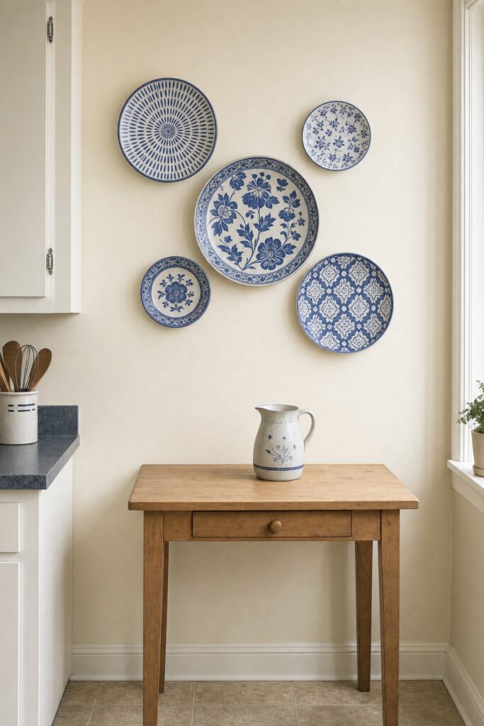 Five blue and white ceramic plates in three different sizes clustered on a cream kitchen wall above a small table