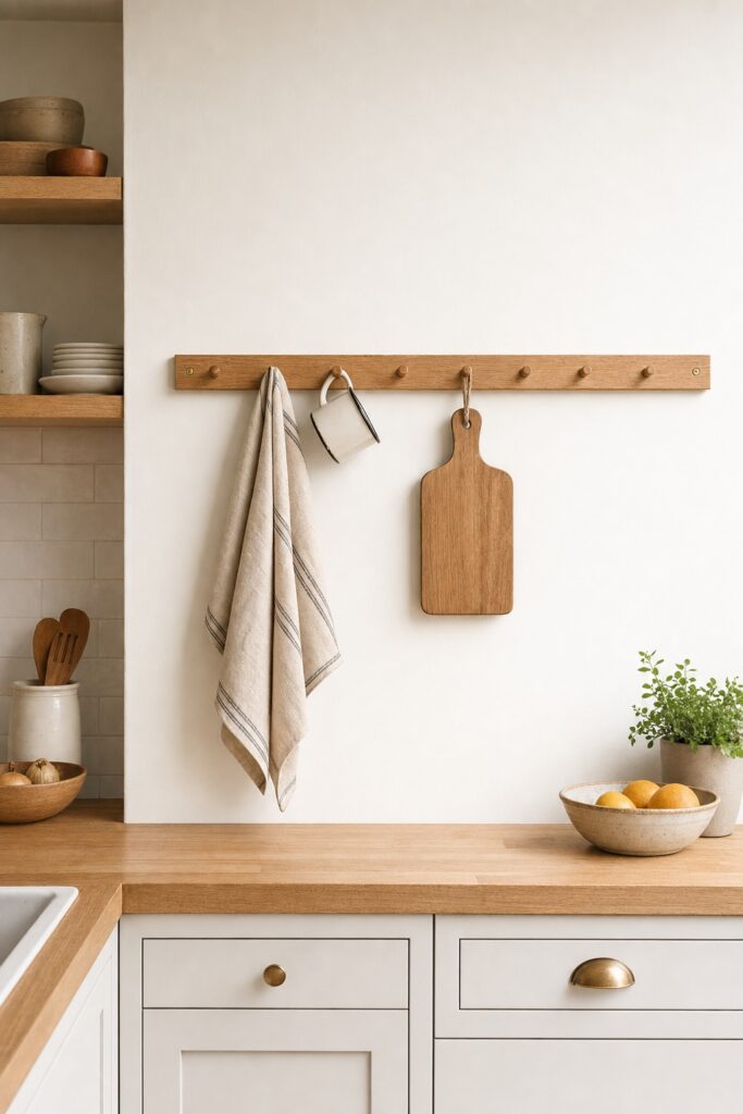 Wooden Shaker peg rail on a kitchen wall holding a linen towel, a mug and one small propped board