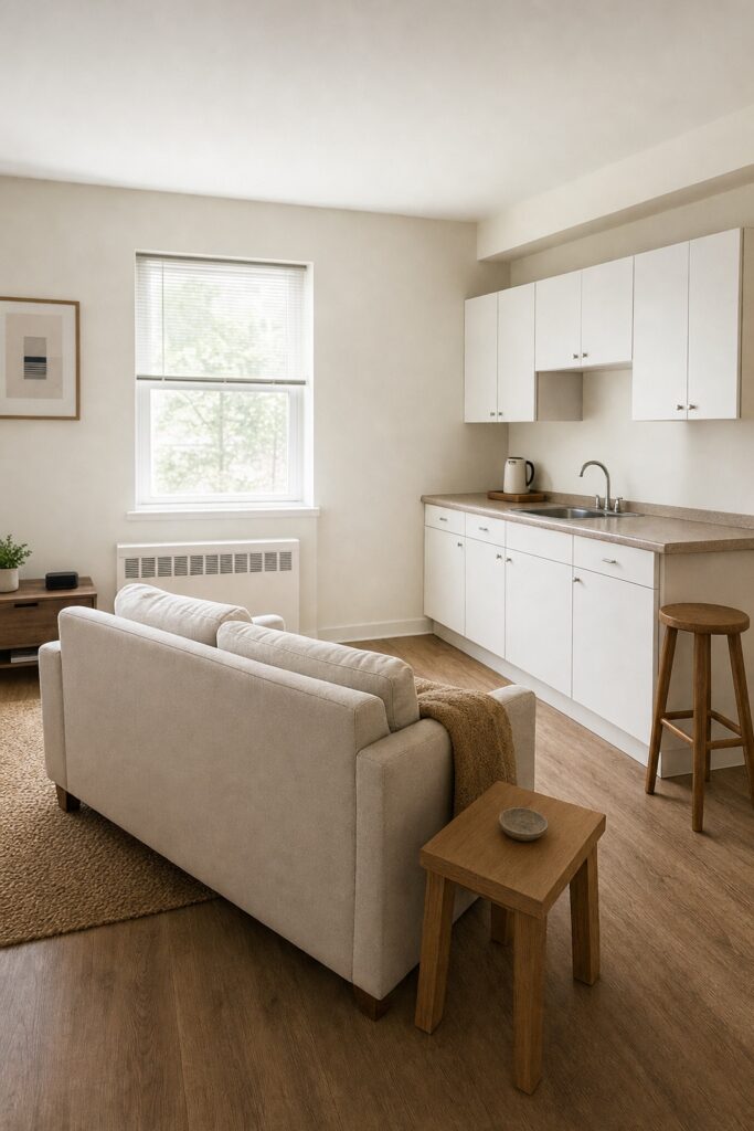 Open studio with a kitchen run along one wall and a sofa turned away from it toward the window