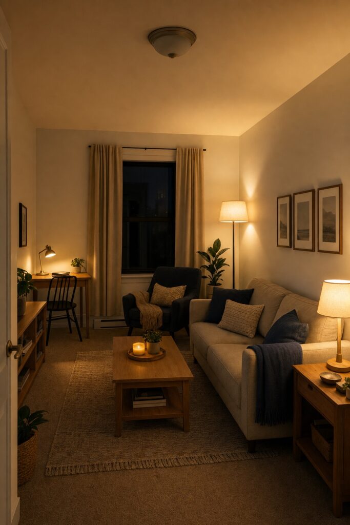 College apartment living room glowing from floor and table lamps with the harsh ceiling light switched off