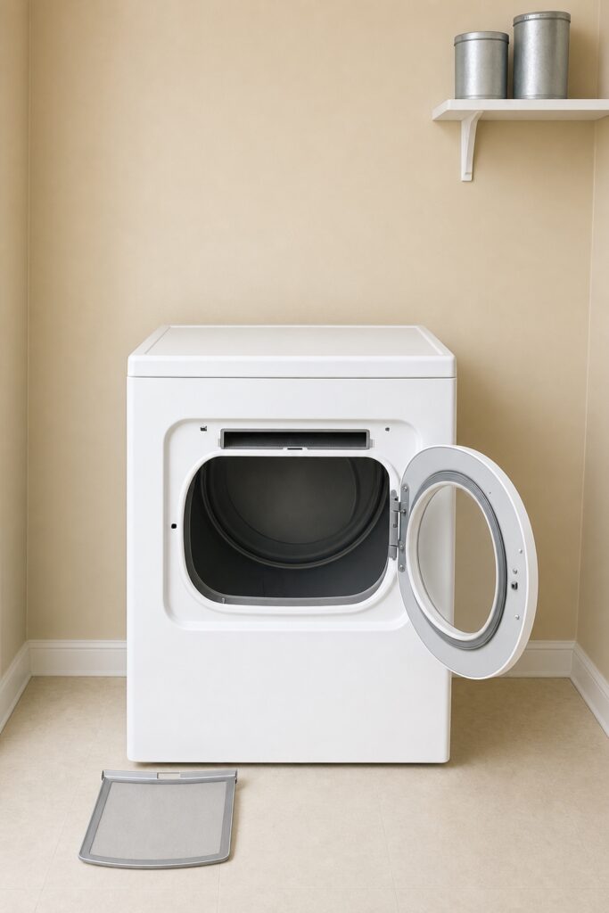 Dryer with a completely clear top and an accessible lint screen, with no clutter stored against or on the machine