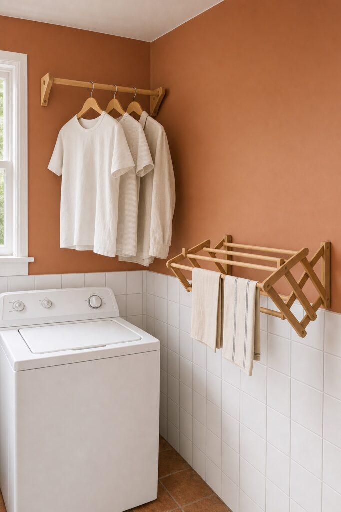Short hanging rod above a washer holding air-dry items on hangers, beside a wall-mounted folding drying rack
