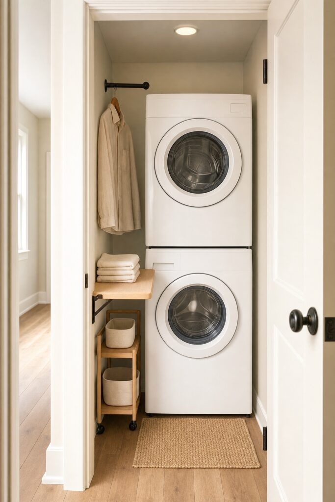 Narrow laundry closet with stacked machines, a fold-down shelf, a slim cart and a short rod, all in place