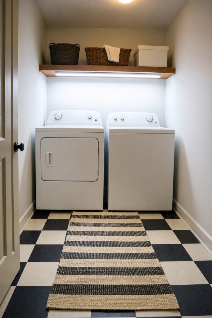 Laundry room with black and white checkerboard vinyl floor, a washable runner and a bright strip light under the shelf