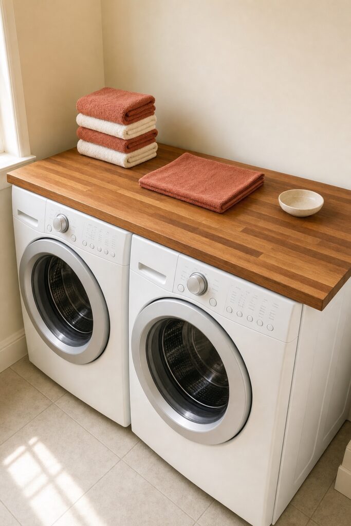 Butcher block board laid across two front-load machines being used as a folding counter with a stack of folded towels
