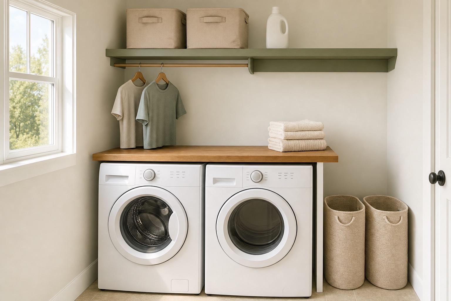 Small laundry room with a wood counter laid across two front-load machines, a short hanging rod above and two fabric bins below